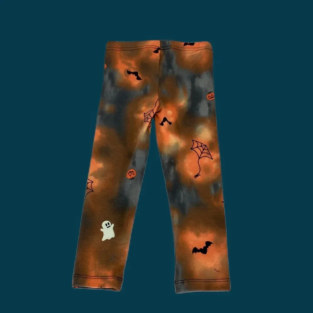 Halloween Girls Shirt Pants Set 3T Ghost Spooky Black Orange Tie Dye Knit
